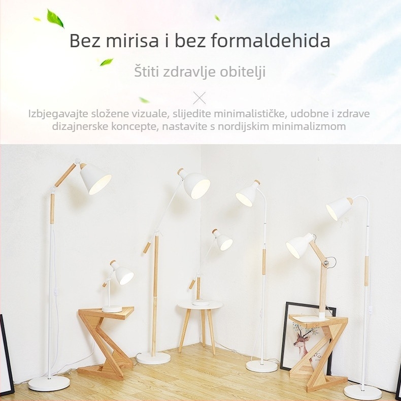 Nordijskog stila stol za kavu od masivnog drveta i podna svjetiljka za dnevni boravak, radnu sobu i spavaću sobu — jednostavno moderno osvjetljenje.