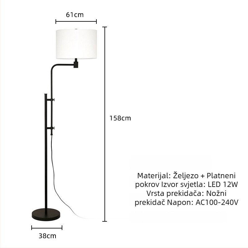 Nordijska podna lampa s platnenim sjenilom, visina 158 cm, LED, za dnevni boravak i spavaću sobu