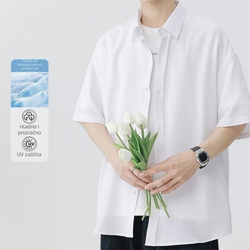 Muška ljetna košulja s kratkim rukavima, 2025 novi model, crno-bijela siva, opušteni kroj, ice silk tkanina