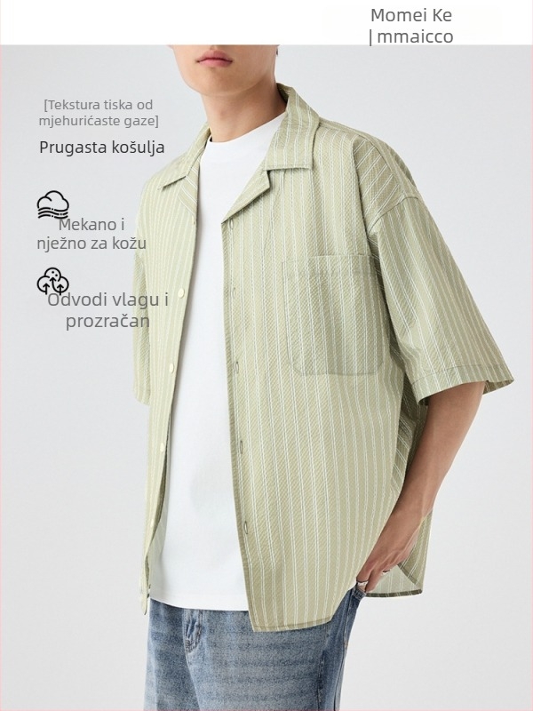 Muška košulja kratkih rukava s prugama i blokom boja, ovratnik s reverom, bubble gauze tkanina, model 50238