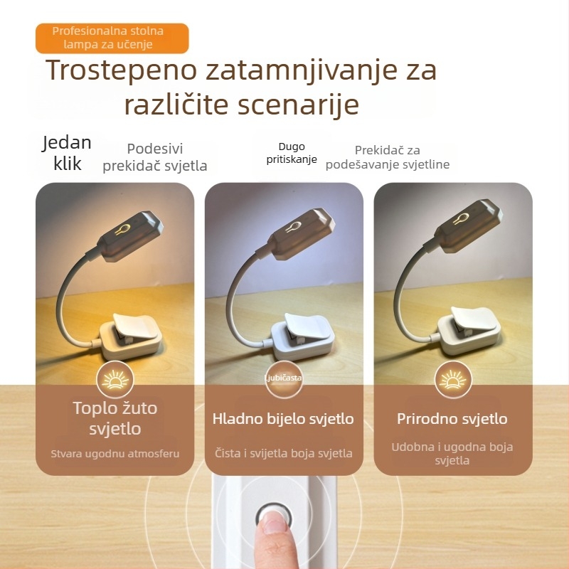 Mala klipsna lampa za čitanje s zaštitom očiju za studentsku sobu, punjiva lampica za učenje uz krevet