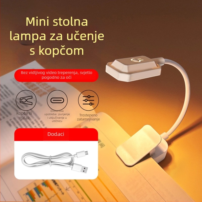 Mala klipsna lampa za čitanje s zaštitom očiju za studentsku sobu, punjiva lampica za učenje uz krevet