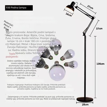 Podna lampa s dugim savitljivim ramenom, američkog stila, minimalističkog dizajna za dnevni boravak, spavaću sobu i ured — LED lampa za zaštitu očiju