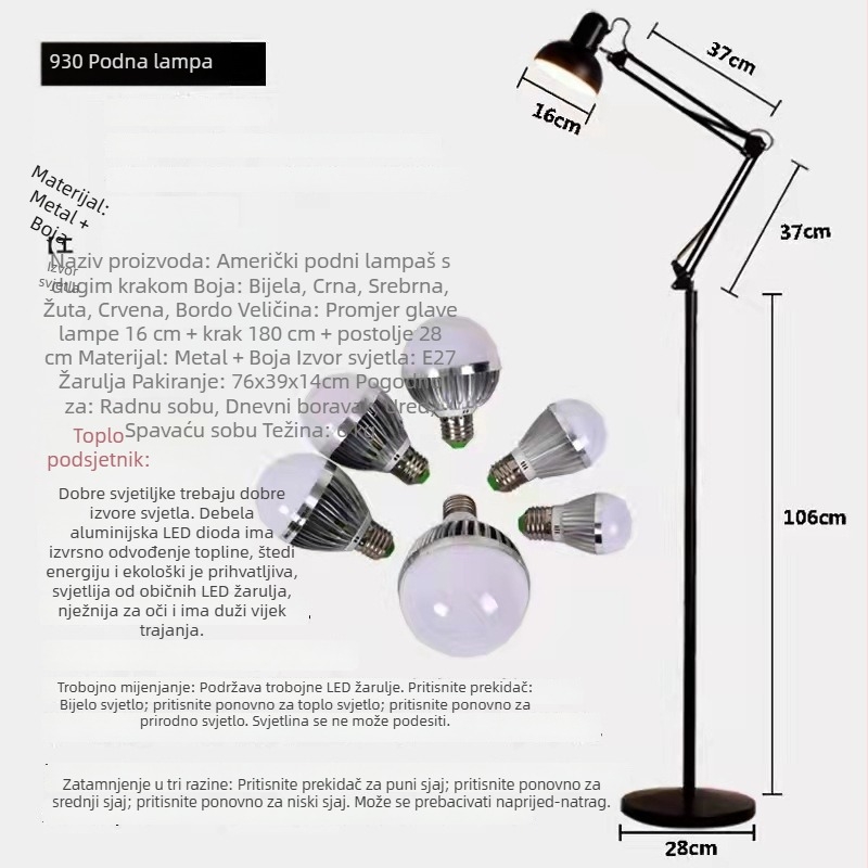Podna lampa s dugim savitljivim ramenom, američkog stila, minimalističkog dizajna za dnevni boravak, spavaću sobu i ured — LED lampa za zaštitu očiju