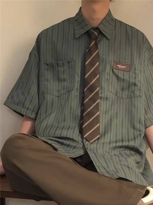 Muška košulja s američkim retro prugama, kratkih rukava, oversize, opušten kroj, premium dojam