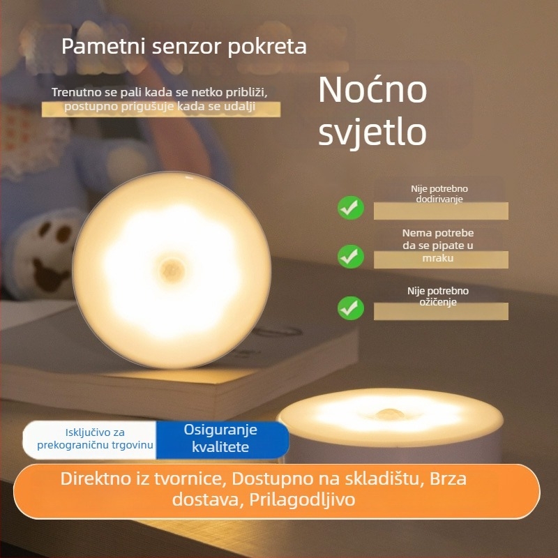 LED noćna svjetiljka sa senzorom pokreta za ormarić i noćni ormarić, USB punjenje, svjetlo s kontrolom svjetla za spavaću sobu