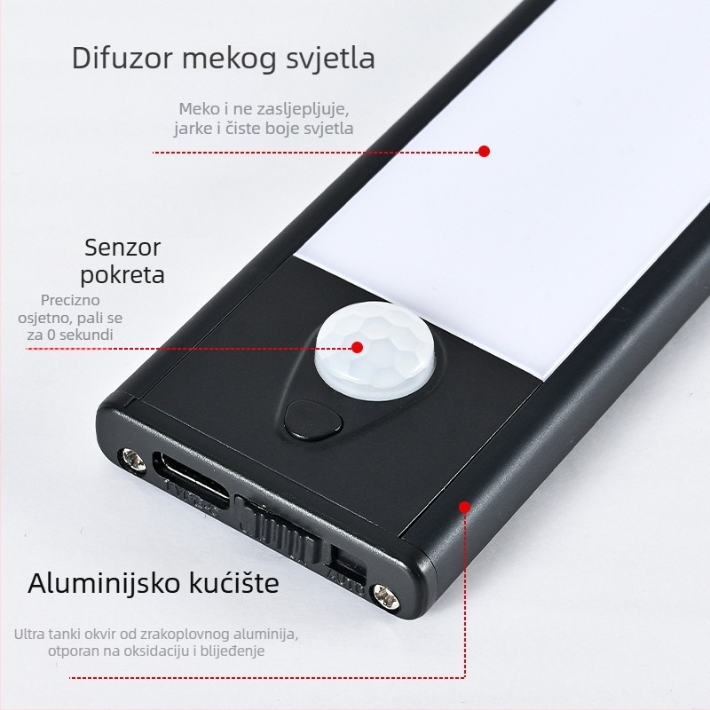 Ultra-tanka LED lampica sa senzorom pokreta za ormariće, garderobu, hodnik i vinsku vitrinu – magnetsko postavljanje, USB napajanje