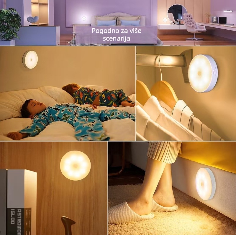 ABS nadograđena noćna lampica s senzorom pokreta, okrugla USB lampa za noćni ormarić, spavaću sobu, garderobu i hodnik