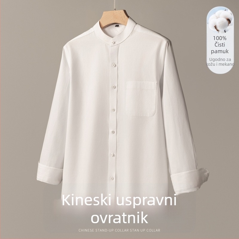 Muška košulja od pamuka sa stojećim ovratnikom, dugi rukav, jednobojna, ležerni stil, uski kroj za proljeće i jesen