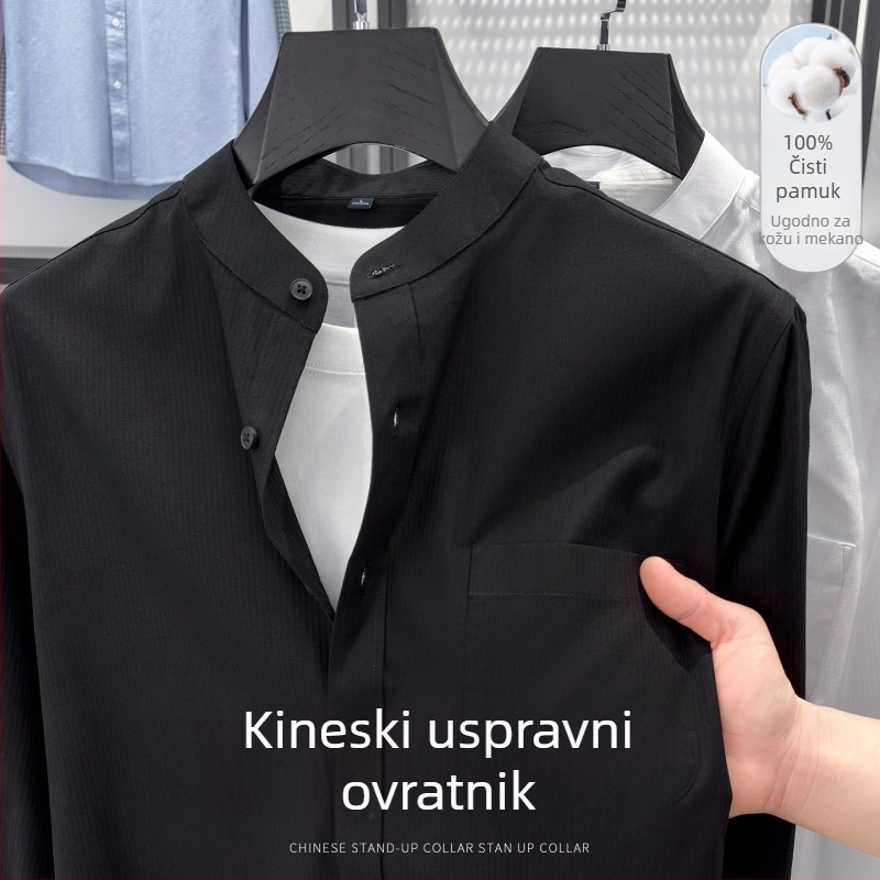 Muška košulja od pamuka sa stojećim ovratnikom, dugi rukav, jednobojna, ležerni stil, uski kroj za proljeće i jesen