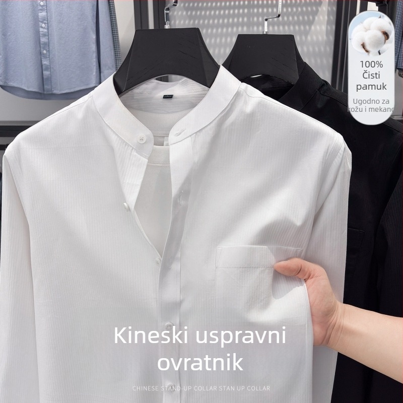 Muška košulja od pamuka sa stojećim ovratnikom, dugi rukav, jednobojna, ležerni stil, uski kroj za proljeće i jesen