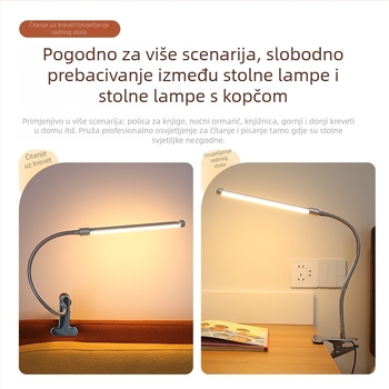 Stolna LED lampica s klipom s punim spektrom, USB napajanje, 5W, aluminij, moderan minimalistički dizajn, lampica za čitanje i noćno svjetlo za studentski dom