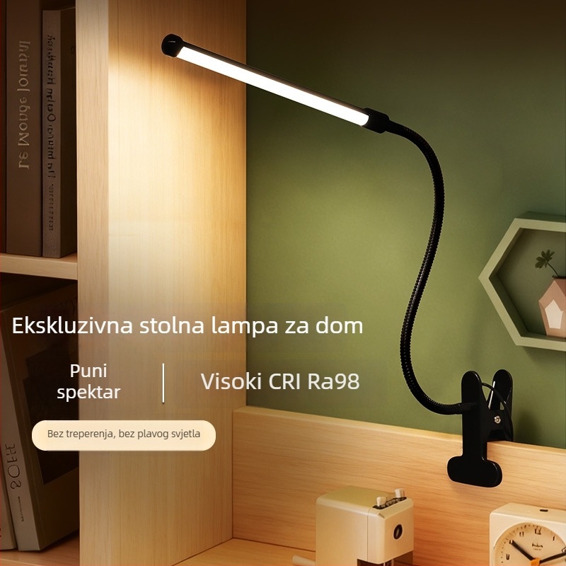 Stolna LED lampica s klipom s punim spektrom, USB napajanje, 5W, aluminij, moderan minimalistički dizajn, lampica za čitanje i noćno svjetlo za studentski dom