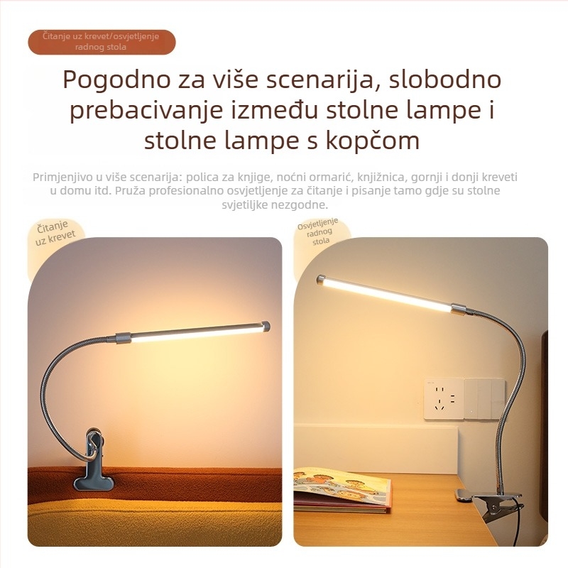 Stolna LED lampica s klipom s punim spektrom, USB napajanje, 5W, aluminij, moderan minimalistički dizajn, lampica za čitanje i noćno svjetlo za studentski dom