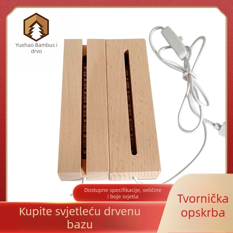 Prilagođena baza noćne lampe od masivnog drveta s akrilnim pravokutnim okvirom, drvena baza i uska drvena traka — minimalističko drveno umjetnost