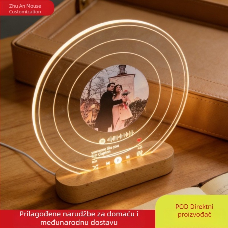 Prozirna noćna lampica s vinilnom pločom, prilagodljivim fotografijama i natpisom, poklon za Valentinovo ili godišnjicu braka