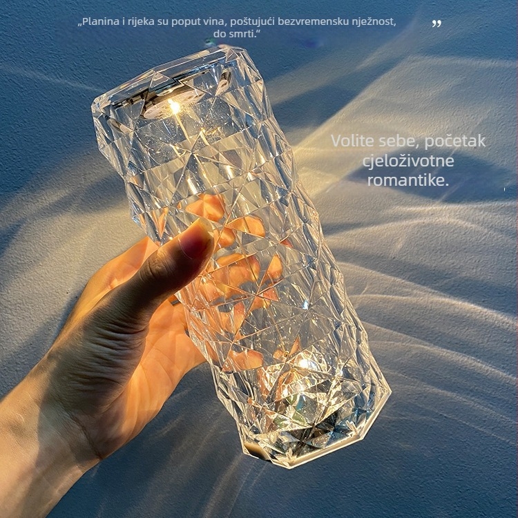 Ružičasta kristalna lampa s dodirom – dekorativna stolna i noćna svjetiljka, baterijska, promjena boja
