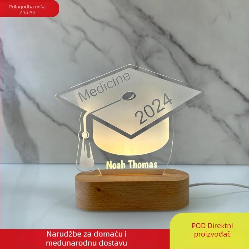 3D kapa za maturu noćna lampica, kreativni personalizirani dar za završetak studija, moderna akrilna lampica s drvenom bazom