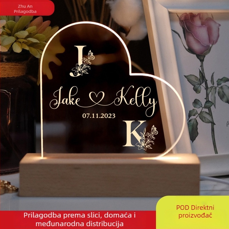 Srcolika akrilna lampa, noćno svjetlo i atmosferijska dekoracija, s prilagođenim logotipom, poklon za djevojku ili suprugu, godišnjica.