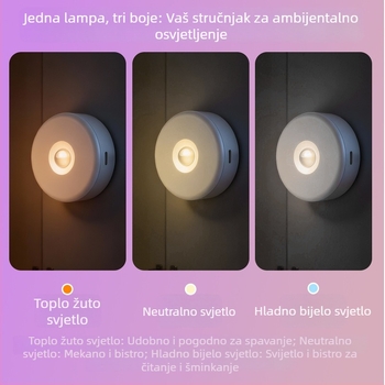 LED zidna noćna svjetiljka s punjivom baterijom, bežično i bez bušenja, magnetski senzor, ambijentalno osvjetljenje, podešiva boja temperature, okrugli oblik