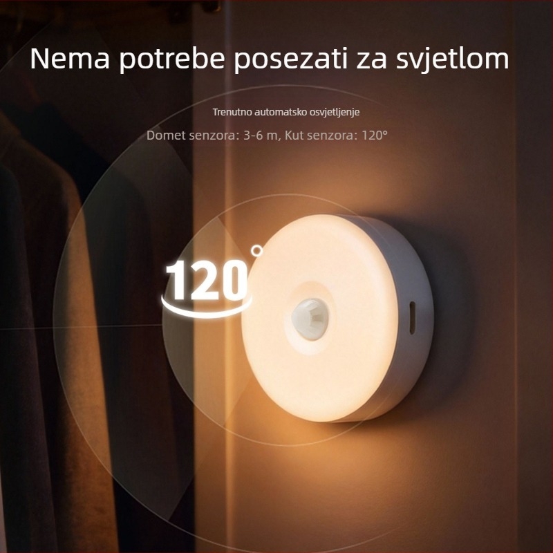 LED zidna noćna svjetiljka s punjivom baterijom, bežično i bez bušenja, magnetski senzor, ambijentalno osvjetljenje, podešiva boja temperature, okrugli oblik