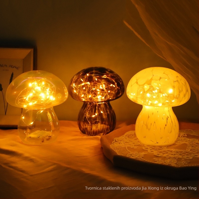 Retro dekorativna stolna lampa, šareno staklo, LED noćna svjetiljka u obliku gljive