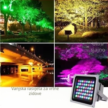 Vanjski LED reflektor IP65 s aluminijskim kućištem, snop 30°, dimenzije 20×18×5 cm, snaga 6–100 W, bijela / toplina / višebojna svjetlost, vijek 50 000 h