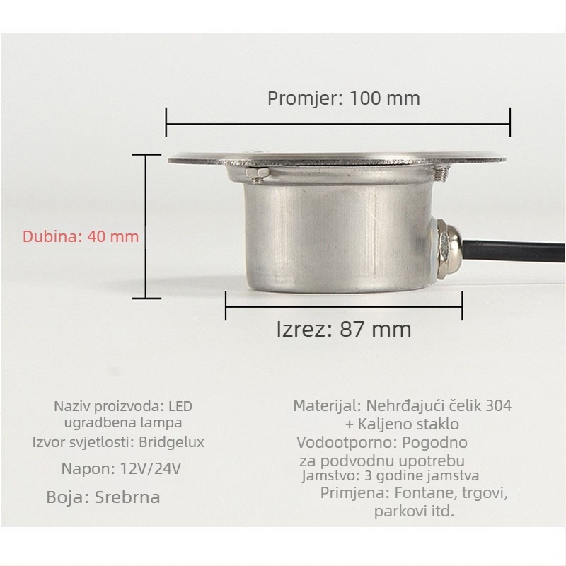 LED podvodna ugrađena svjetiljka od nehrđajućeg čelika, 12V/24V, vodootporna, ultra-tanki spot za ribnjak i zid bazena