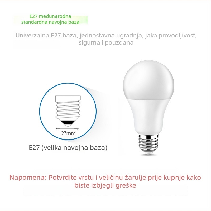 A60 LED žarulja, aluminijsko kućište prekriveno plastikom, E27 navoj, energetski učinkovita topla bijela rasvjeta za unutarnju upotrebu