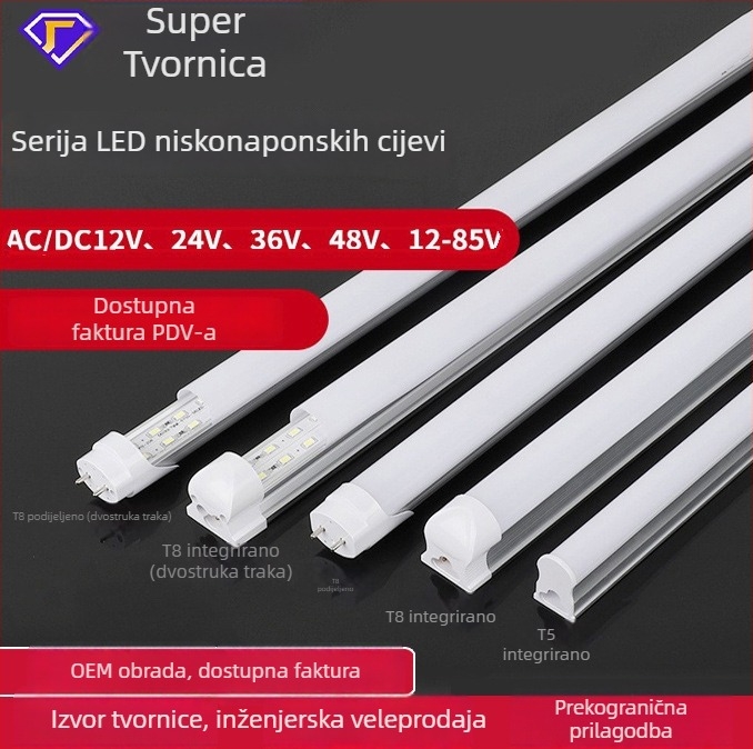 LED cijev niskog napona, univerzalni ulaz AC/DC 12–36V, integrirana aluminijsko-plastična T5/T8, duljina 1,2 m, 18W, 72 LED dioda