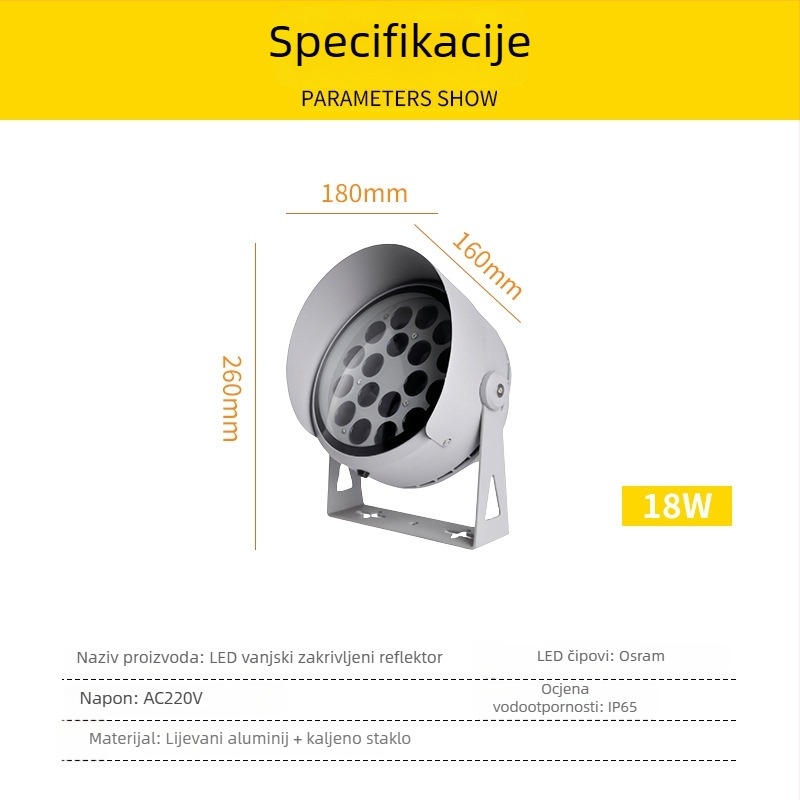 Vanjska vodootporna LED rasvjeta za drveće s lukom projekcije, kružni prožektor sa samočišćenjem, 36 LED, 12–54W, sivo aluminijsko kućište, IP65, 45° snop, model JSL-1081