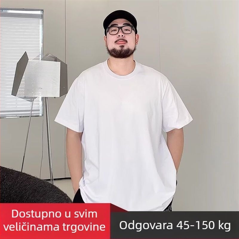 Bijeli muški pamučni T-shirt kratkih rukava, slobodan kroj, plus veličina, okrugli izrez, ljeto