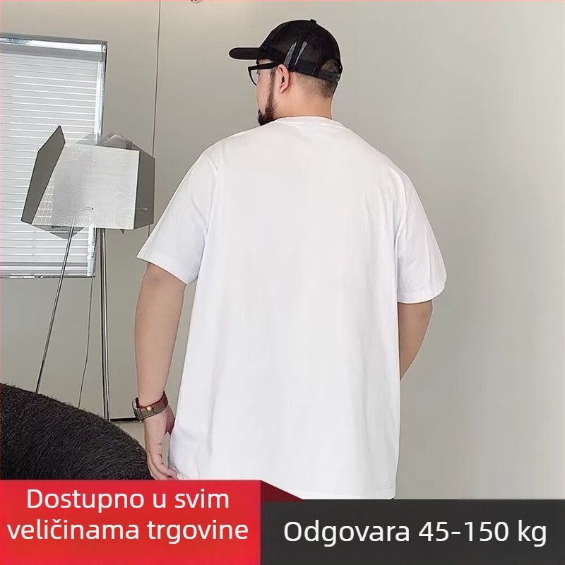 Bijeli muški pamučni T-shirt kratkih rukava, slobodan kroj, plus veličina, okrugli izrez, ljeto