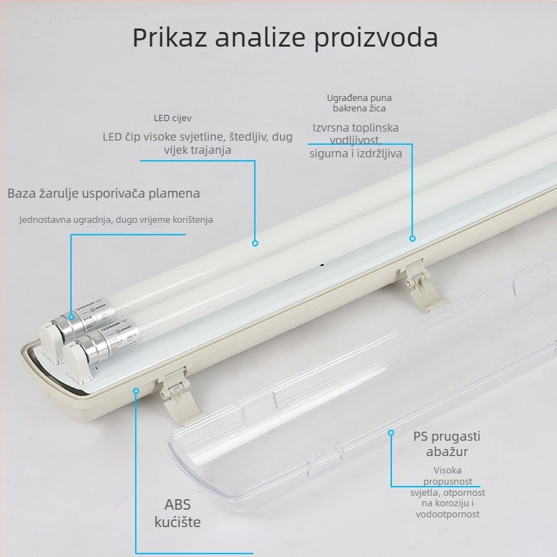 LED linearno svjetlo s kućištem otporan na vodu, prašinu i eksploziju – sklop za T8 s jednim ili dvostrukim cijevnim nosačem
