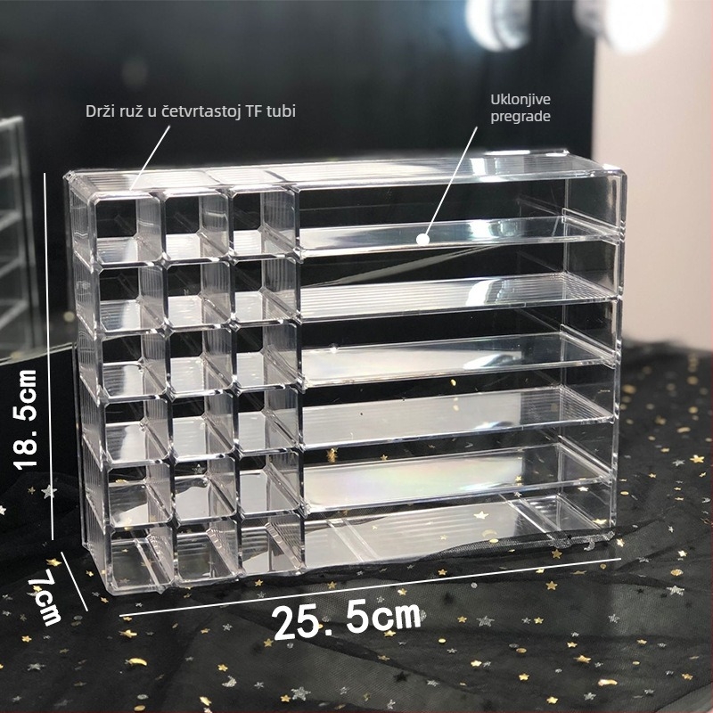 Veliki stolni organizator kozmetike s mrežastim pretincima – prozirno-plastični, za ruževe za usne, lakove za nokte, pudere i cushion foundation.