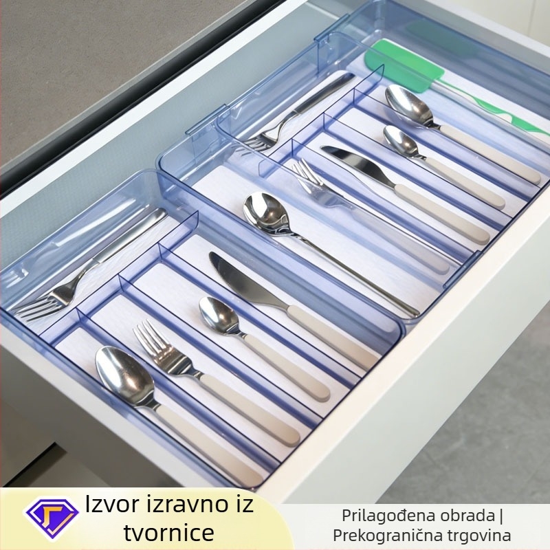 Proziran organizator pribora s pet odjeljaka, izvlačivi držač za žlice, organizator u ladici