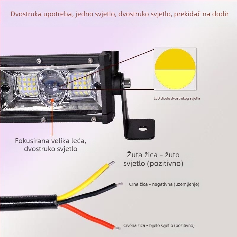 Auto LED traka svjetla, žuto-bijeli dvobojni laserski spot, 12–24V, vodootporan, mreža s tri reda za daleko i blizu svjetla