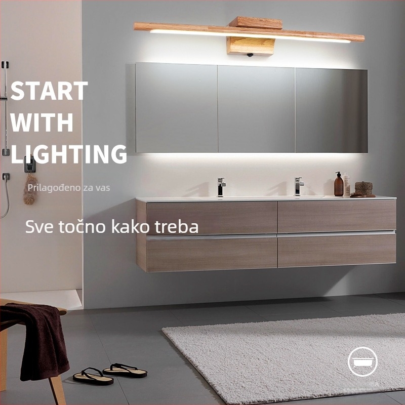 LED svjetlo za ogledalo s drvenim okvirom, zidno svjetlo za kupaonicu i make-up stol