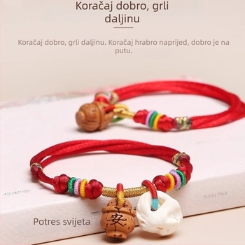 Narukvica od crvenog konca, ručno pletena s elementom drveta breskve, za bebe i djecu – unisex, Festival zmajevih čamaca