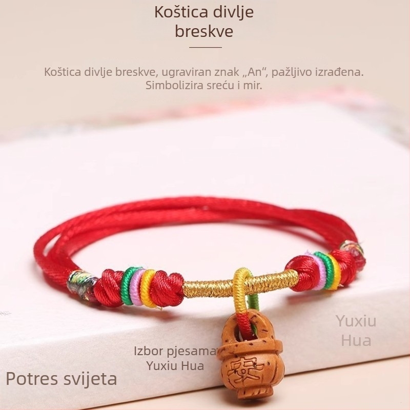Narukvica od crvenog konca, ručno pletena s elementom drveta breskve, za bebe i djecu – unisex, Festival zmajevih čamaca