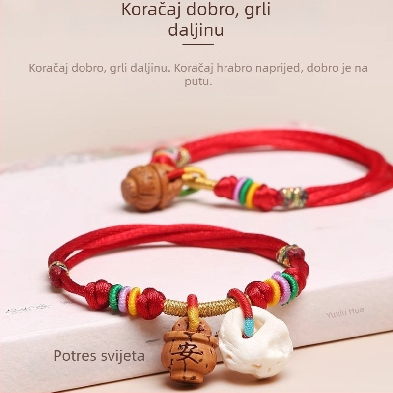 Narukvica od crvenog konca, ručno pletena s elementom drveta breskve, za bebe i djecu – unisex, Festival zmajevih čamaca