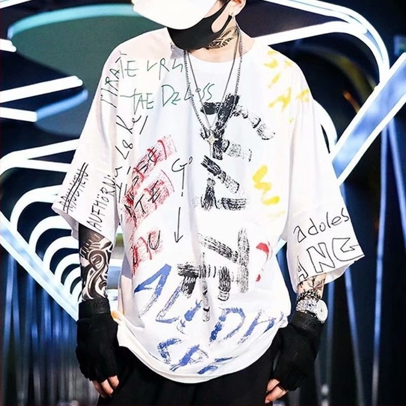 Ljetna lagana muška majica kratkih rukava s grafičnim printom, streetwear stil, opuštena kroj, okrugli izrez, geometrijski uzorak