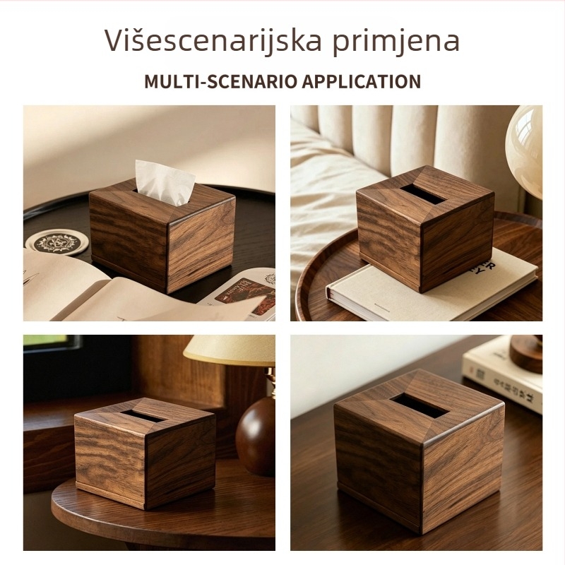 Kvadratna kutija za papirnate maramice od američkog oraha, moderni minimalistički dizajn, dimenzije 12×12×8 cm, pogodna za dnevni boravak, spavaću sobu, hotel i blagovaonu