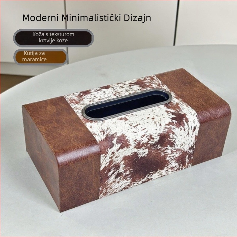Moderna kutija za maramice od kože sa teksturom konjske dlake i drvenim detaljima
