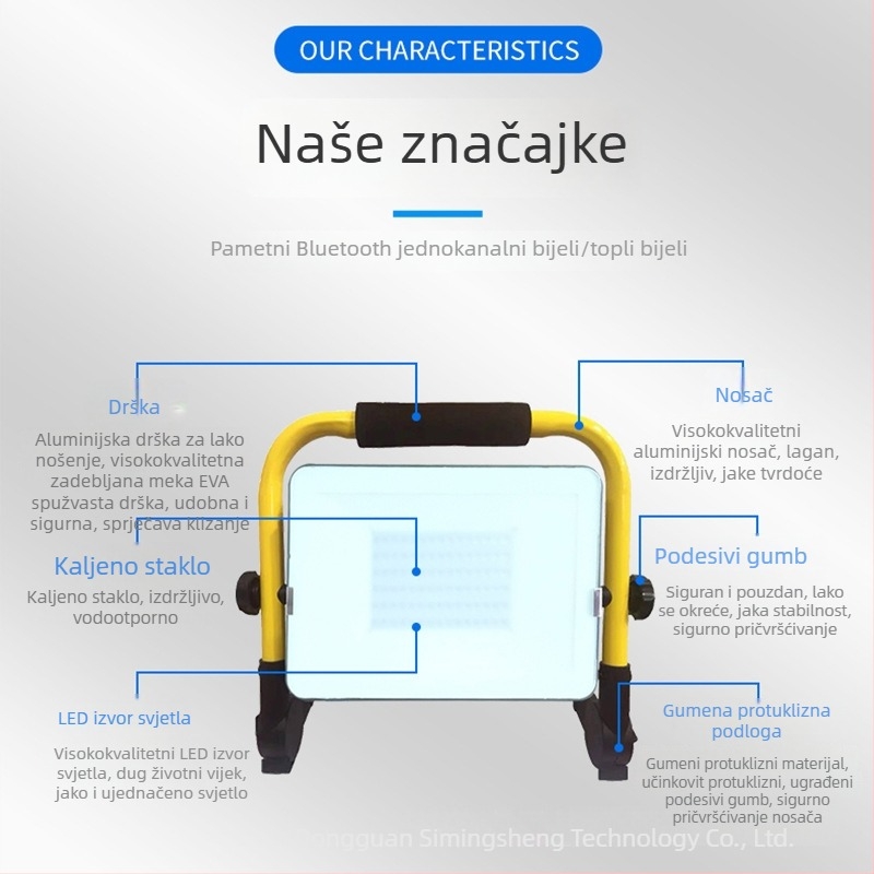 Bluetooth vanjski floodlight visoke jačine, 50W, prijenosno IP65 vodootporna kamping svjetlo s dugim trajanjem baterije