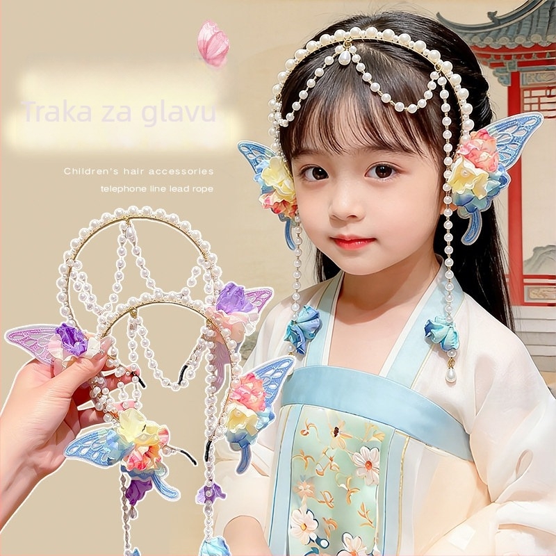 Dječja traka za kosu s mašnom, perlama i resicama na čelo, u princeskom stilu za fotografiranje