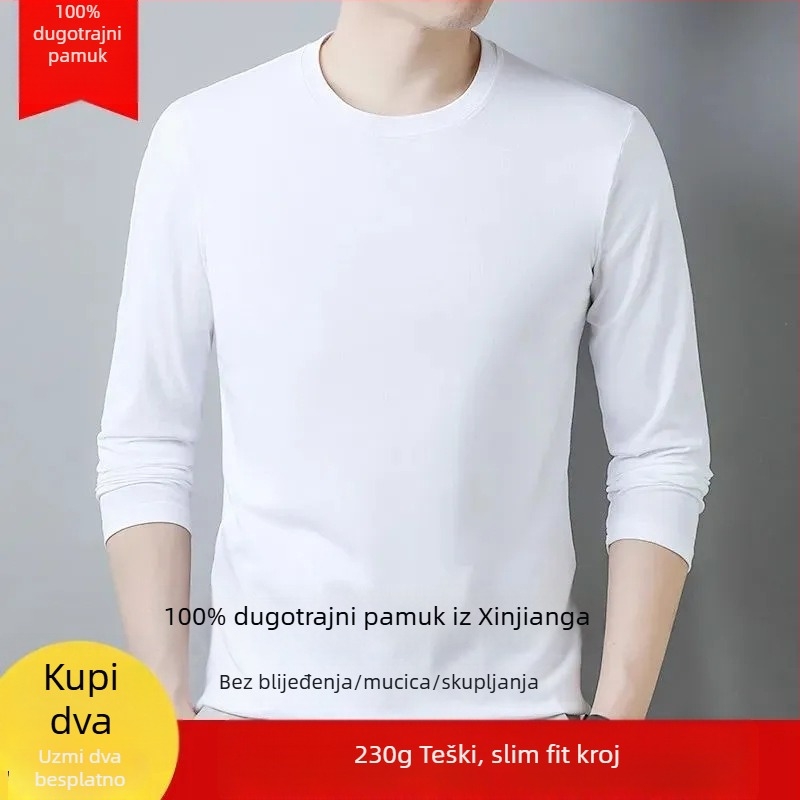 Muška debela pamukasta majica s dugim rukavom, jednobojna, slim fit, osnovni sloj za jesen-zimu, udobna