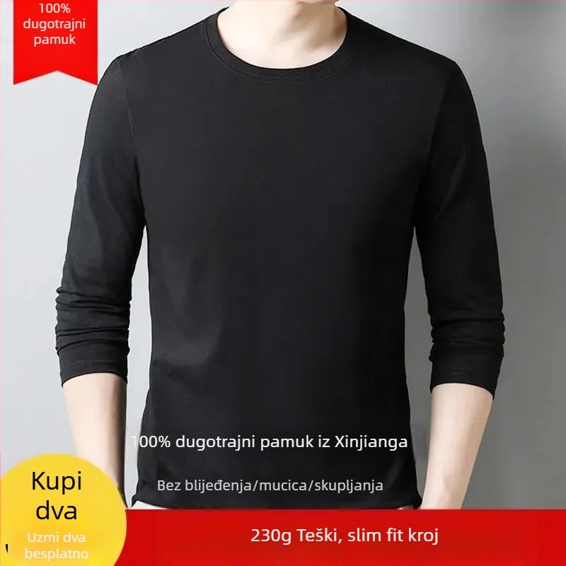 Muška debela pamukasta majica s dugim rukavom, jednobojna, slim fit, osnovni sloj za jesen-zimu, udobna