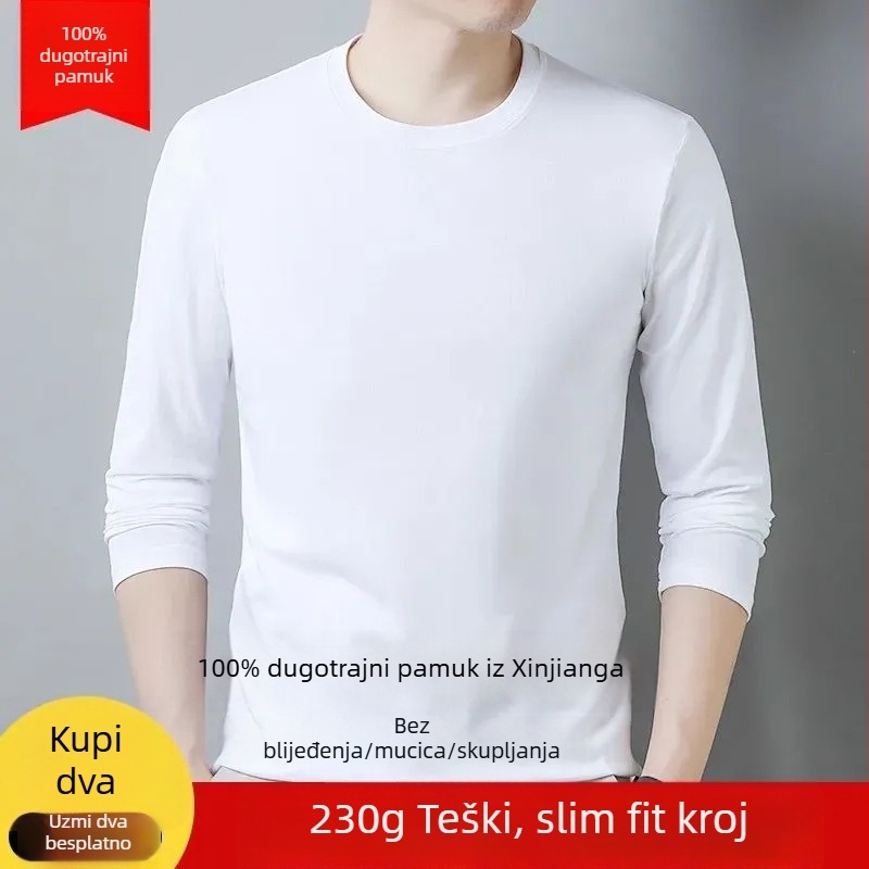 Muška debela pamukasta majica s dugim rukavom, jednobojna, slim fit, osnovni sloj za jesen-zimu, udobna