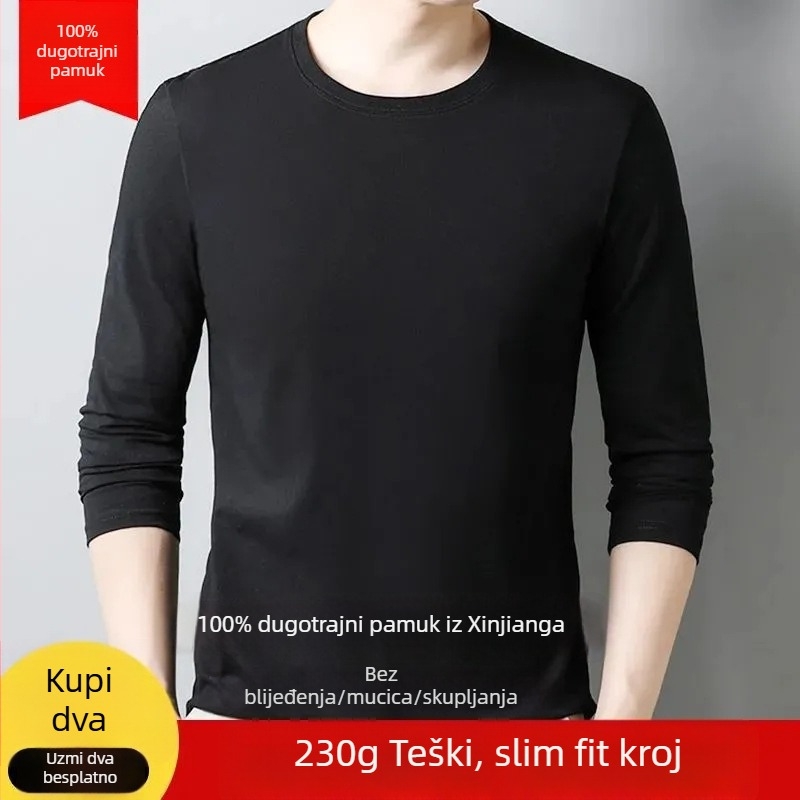 Muška debela pamukasta majica s dugim rukavom, jednobojna, slim fit, osnovni sloj za jesen-zimu, udobna